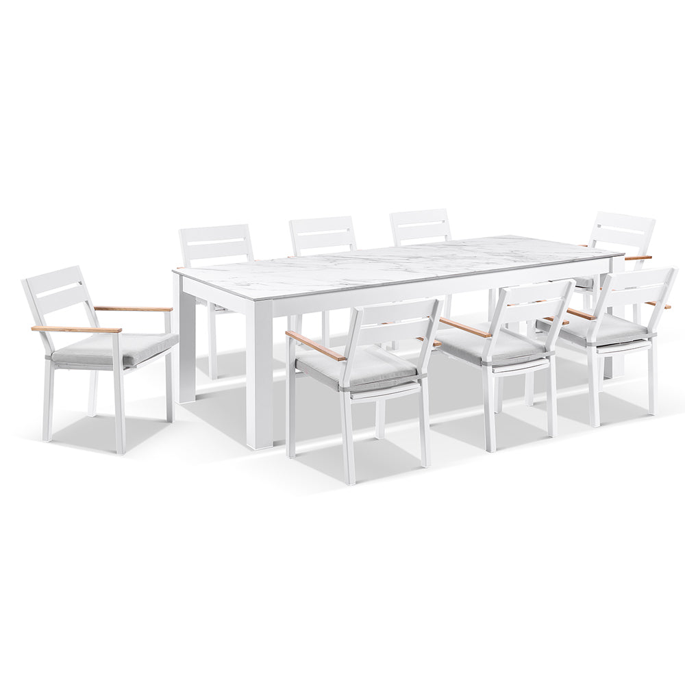 Hugo Ceramic 2.5m Outdoor Aluminium Dining Table with 8 Capri Chairs Setting