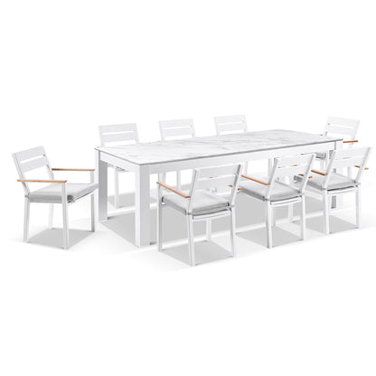 Hugo Ceramic 2.5m Outdoor Aluminium Dining Table with 8 Capri Chairs Setting
