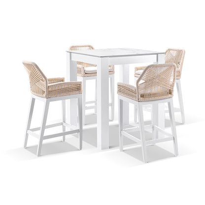 Hugo Ceramic Square Aluminium Bar Table with 4x Hugo Rope Bar Stools