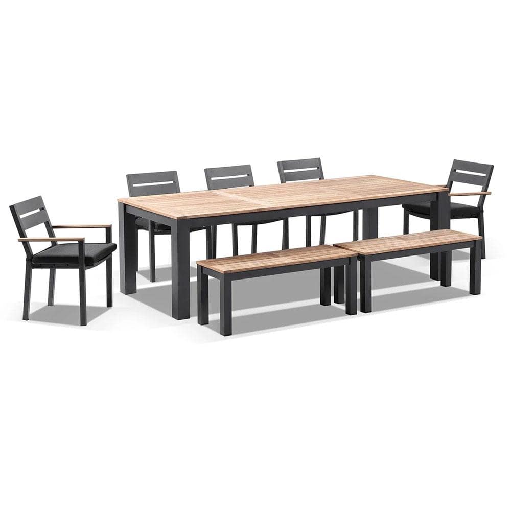 Balmoral 2.5m Teak Top Aluminium Table with 2 Bench Seats and 5 Chairs