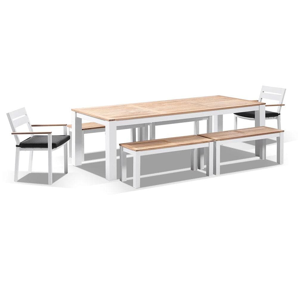 Balmoral 2.5m Teak Top Aluminium Table with 4 Bench Seats and 2 Chairs