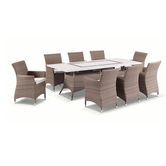 Caesar 8 Rectangle Travertine Stone Outdoor Table In Half Round Wicker