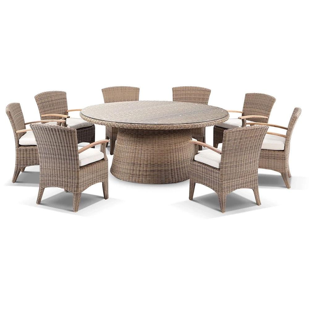 Plantation 1.8m Round Outdoor Wicker Dining Table with 8 Kai Chairs