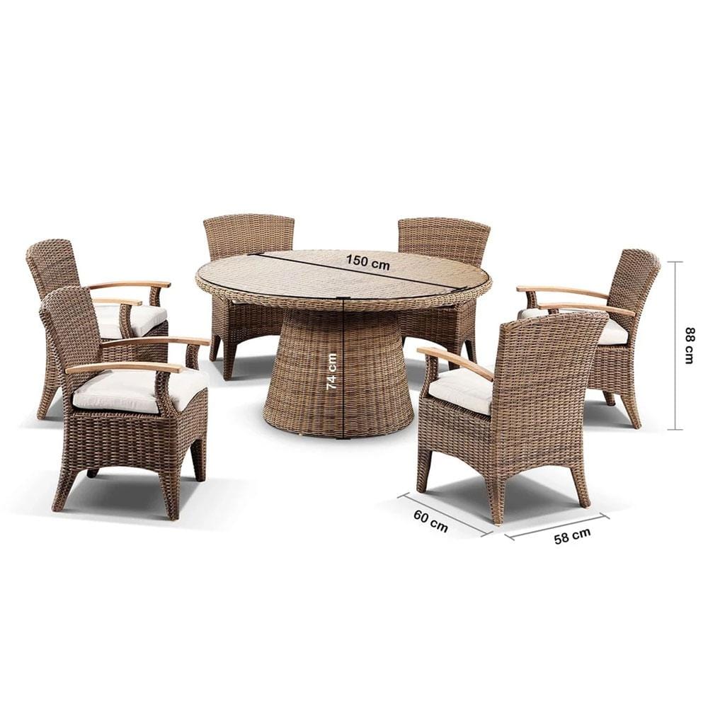 Plantation 1.5m Round Outdoor Wicker Dining Table with 6 Kai Chairs