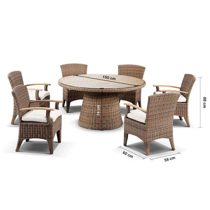 Plantation 1.5m Round Outdoor Wicker Dining Table with 6 Kai Chairs