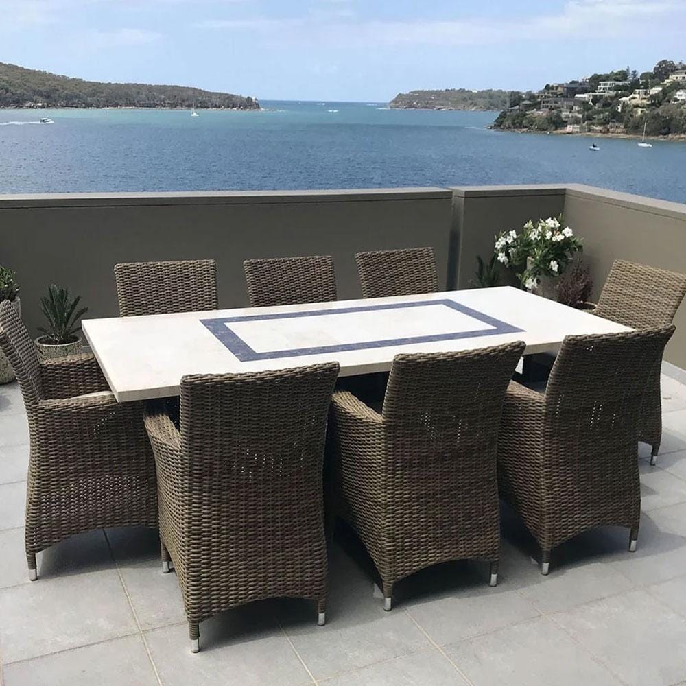 Caesar 8 Rectangle Travertine Stone Outdoor Table In Half Round Wicker