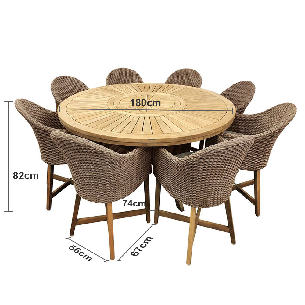 Solomon 1.8m Round Teak Dining Table w/Coastal Wicker Chairs